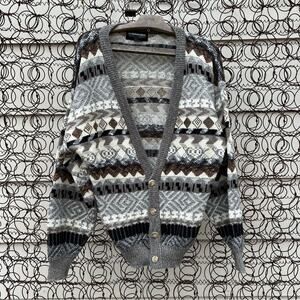 80s brown gray black earthy cottagecore Aztec grandpa style cardigan sweater